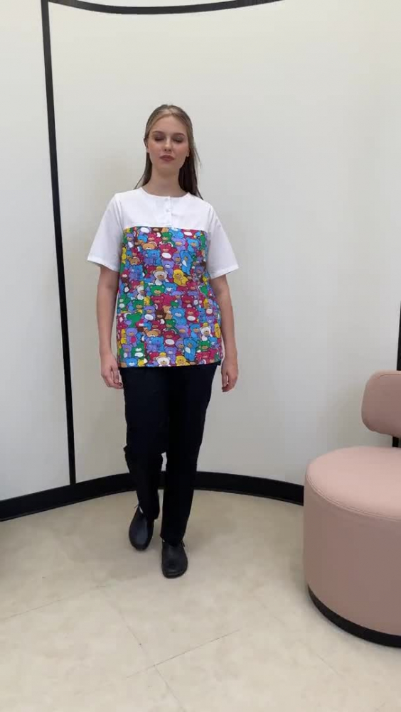 Блуза ЛИНДРЕД (Lindred) ОРИОН Лайт женская белая/принт мишки, рукав короткий